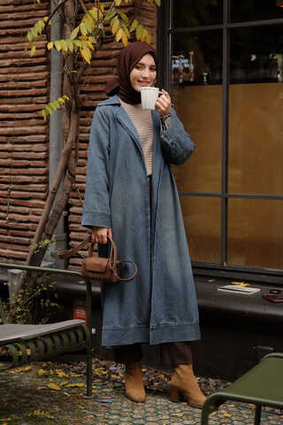 Deri Kemerli Denim Trençkot Açık Mavi - 3