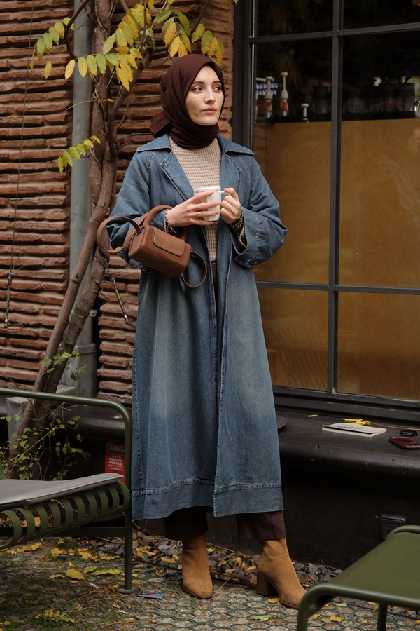 Deri Kemerli Denim Trençkot Açık Mavi - 5