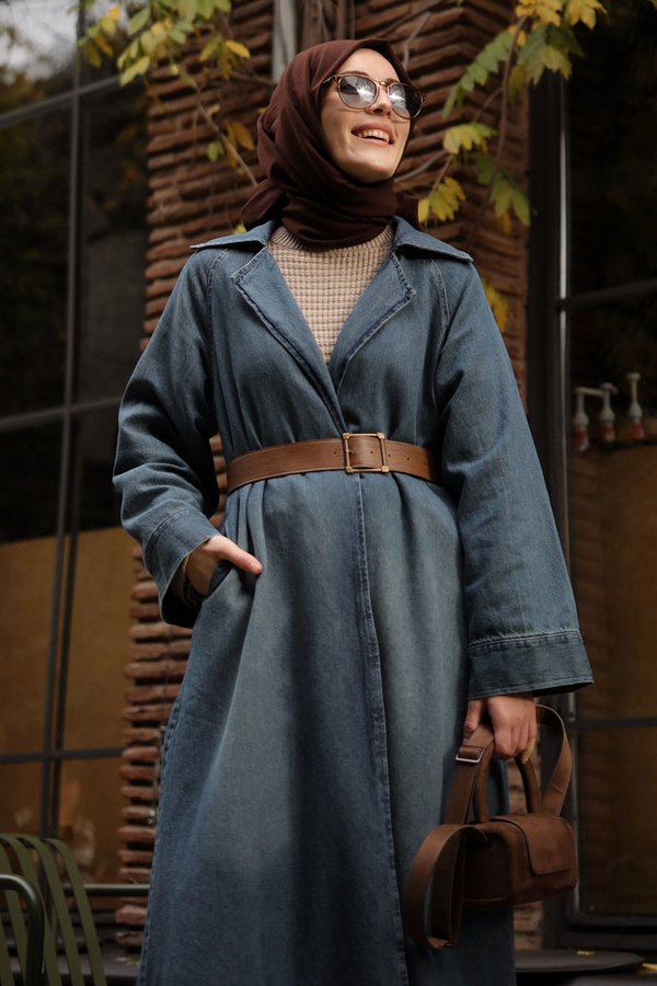 Deri Kemerli Denim Trençkot Açık Mavi - 4