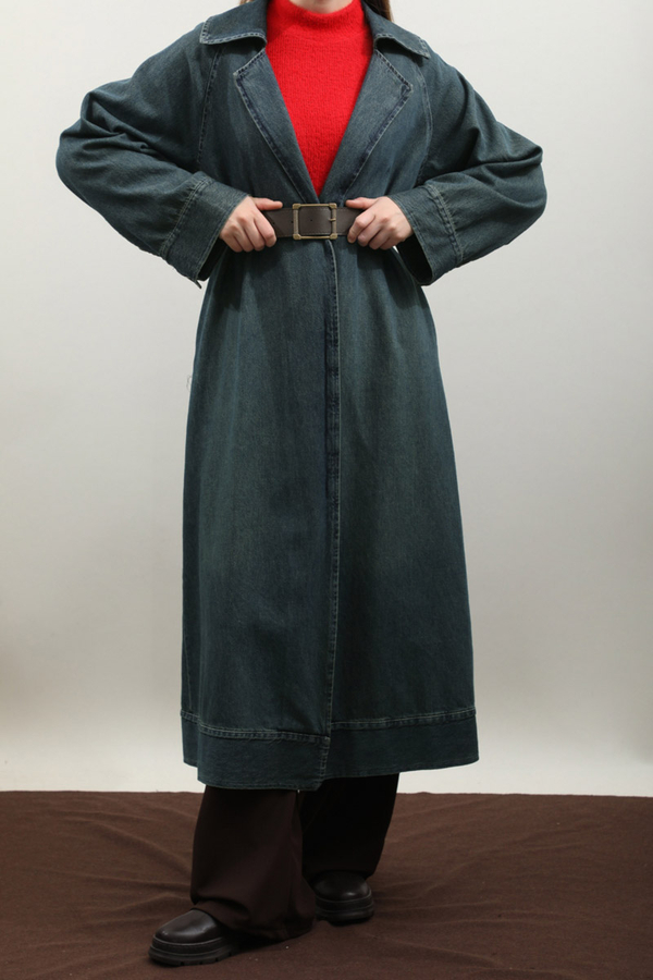 Deri Kemerli Denim Trençkot Koyu Mavi - 2