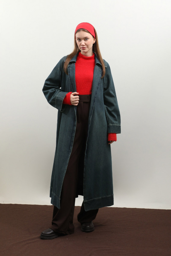 Deri Kemerli Denim Trençkot Koyu Mavi - 3