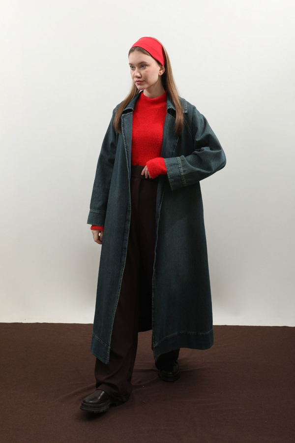 Deri Kemerli Denim Trençkot Koyu Mavi - 4