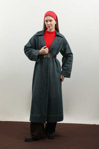 Deri Kemerli Denim Trençkot Koyu Mavi - 5