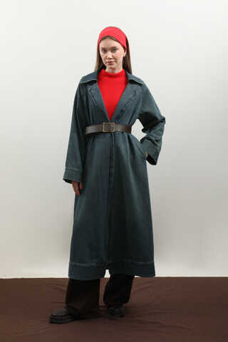 Deri Kemerli Denim Trençkot Koyu Mavi - 1