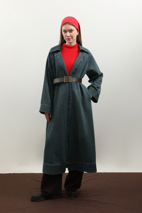 Deri Kemerli Denim Trençkot Koyu Mavi - 1