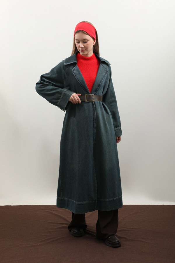 Deri Kemerli Denim Trençkot Koyu Mavi - 6