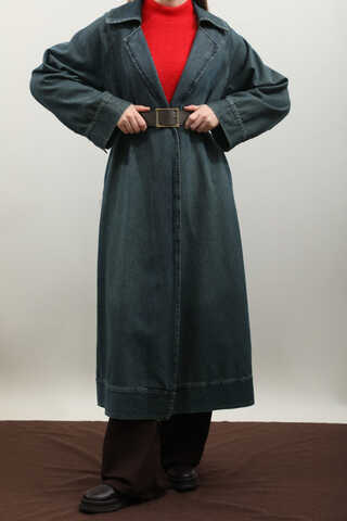 Deri Kemerli Denim Trençkot Koyu Mavi - 2