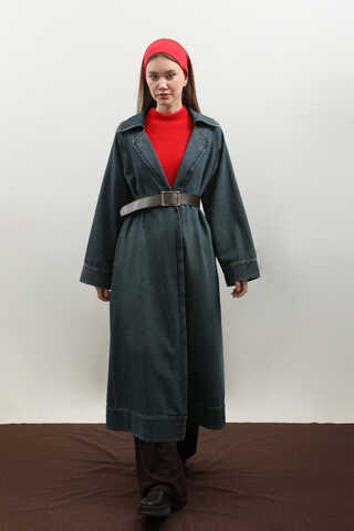 Deri Kemerli Denim Trençkot Koyu Mavi - 7