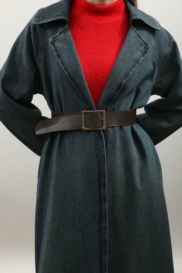 Deri Kemerli Denim Trençkot Koyu Mavi - 9