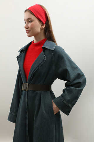 Deri Kemerli Denim Trençkot Koyu Mavi - 10