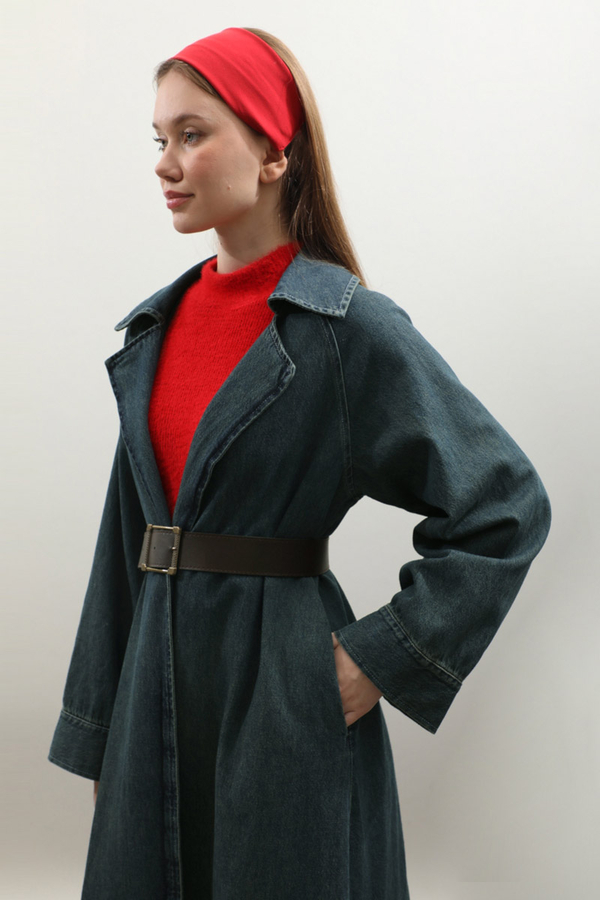 Deri Kemerli Denim Trençkot Koyu Mavi - 10