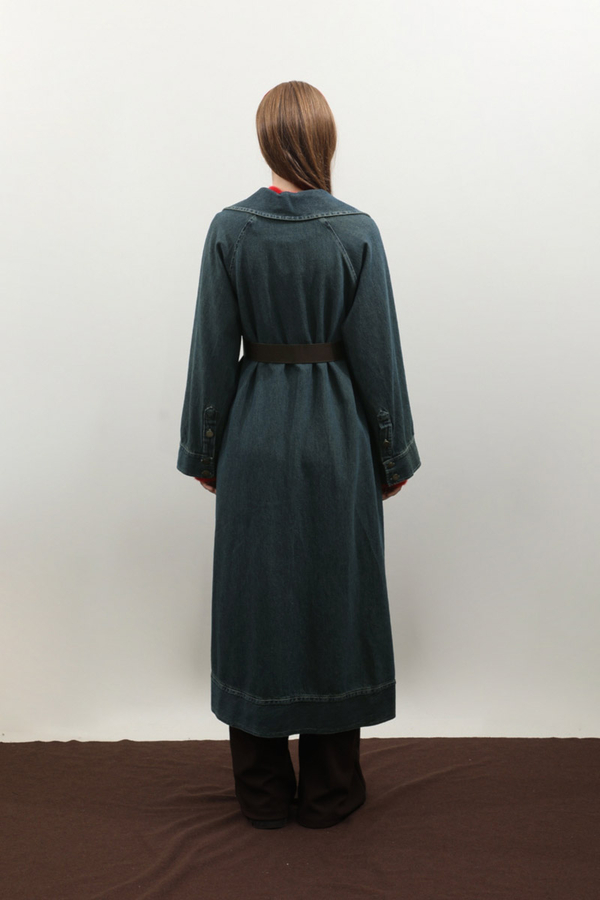 Deri Kemerli Denim Trençkot Koyu Mavi - 11