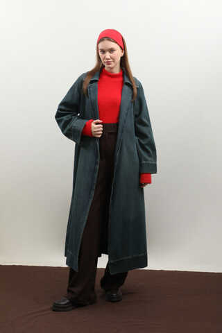 Deri Kemerli Denim Trençkot Koyu Mavi - 3