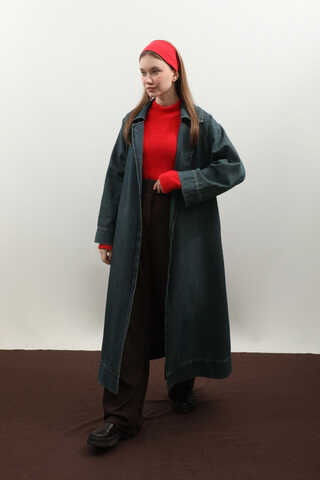 Deri Kemerli Denim Trençkot Koyu Mavi - 4