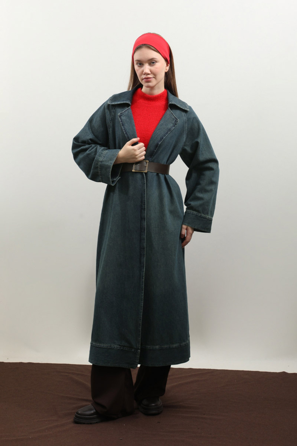 Deri Kemerli Denim Trençkot Koyu Mavi - 5
