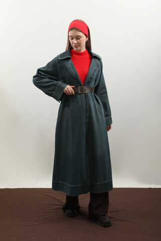 Deri Kemerli Denim Trençkot Koyu Mavi - 6