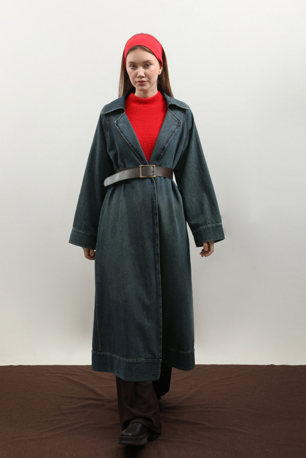 Deri Kemerli Denim Trençkot Koyu Mavi - 7