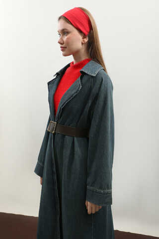 Deri Kemerli Denim Trençkot Koyu Mavi - 8