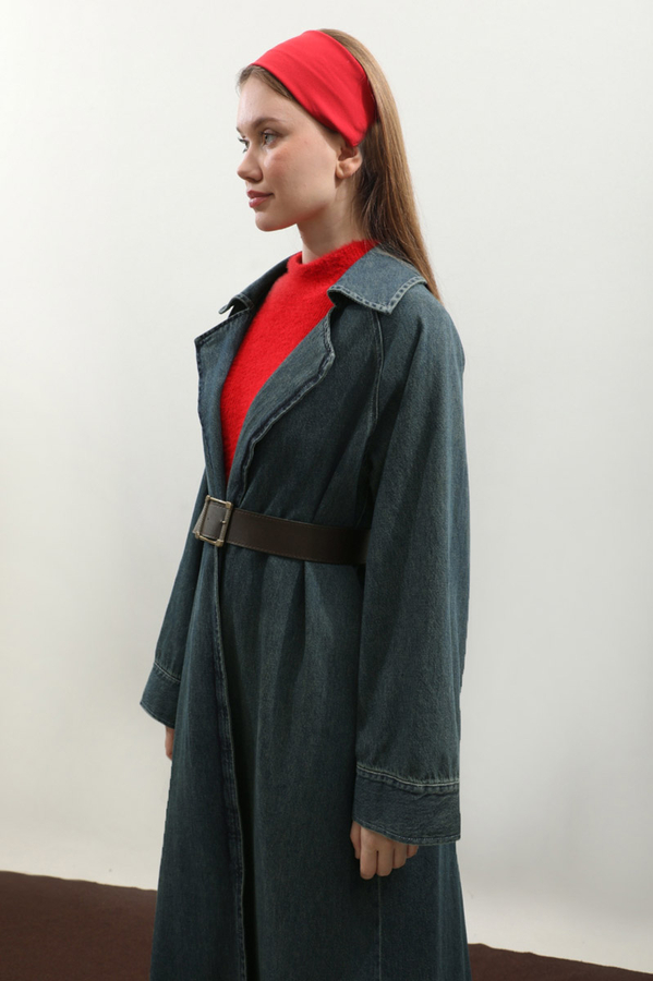 Deri Kemerli Denim Trençkot Koyu Mavi - 8