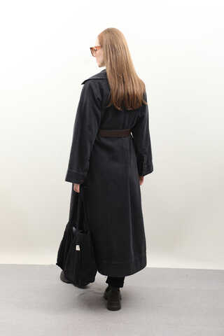 Deri Kemerli Denim Trençkot Siyah - 7