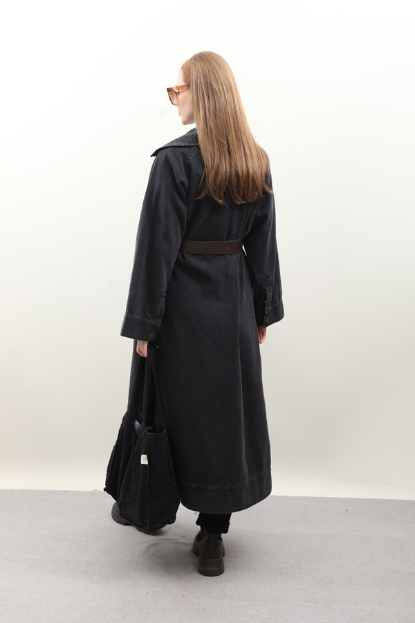 Deri Kemerli Denim Trençkot Siyah - 7