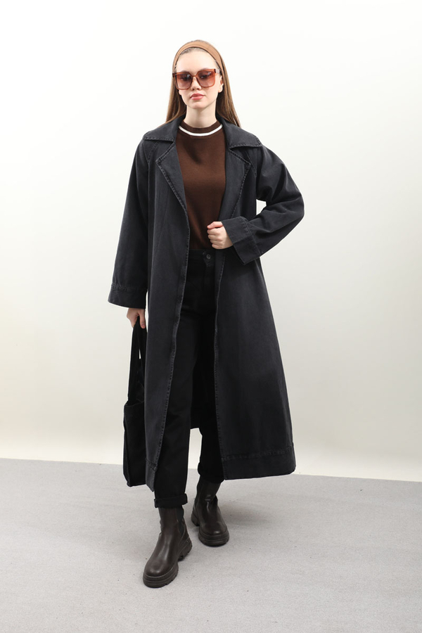Deri Kemerli Denim Trençkot Siyah - 3