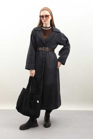 Deri Kemerli Denim Trençkot Siyah - 4