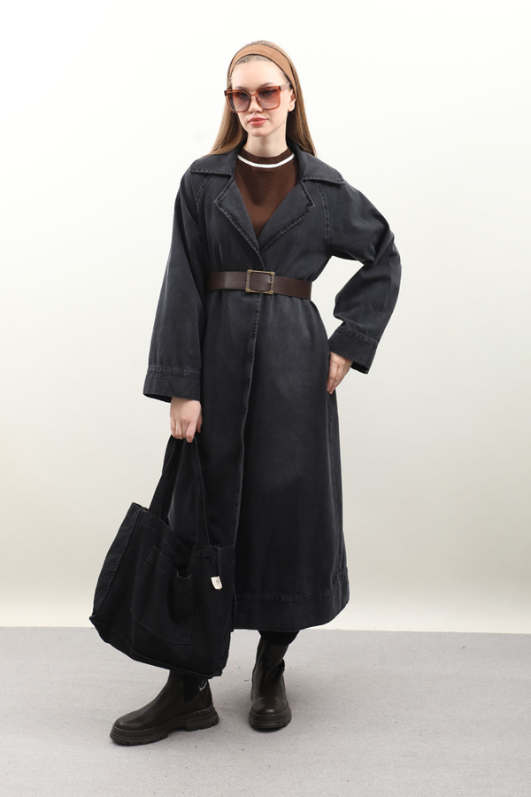 Deri Kemerli Denim Trençkot Siyah - 4