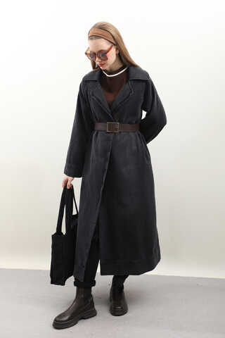 Deri Kemerli Denim Trençkot Siyah - 2