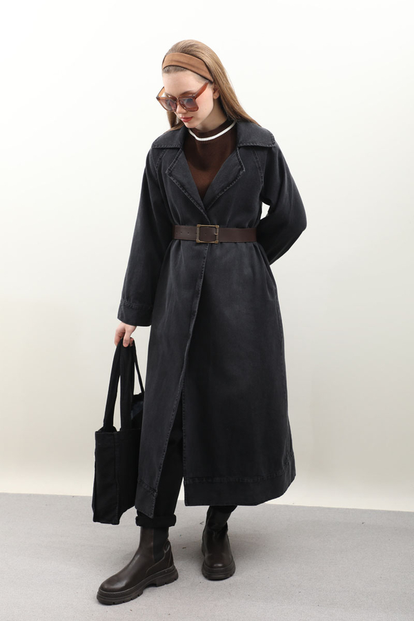 Deri Kemerli Denim Trençkot Siyah - 2