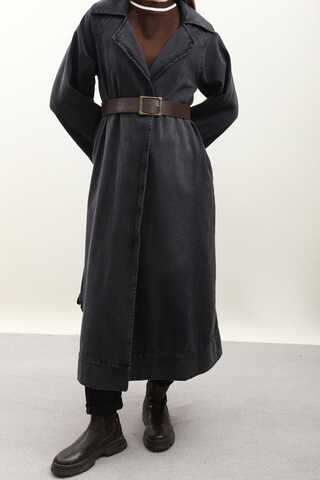Deri Kemerli Denim Trençkot Siyah - 1