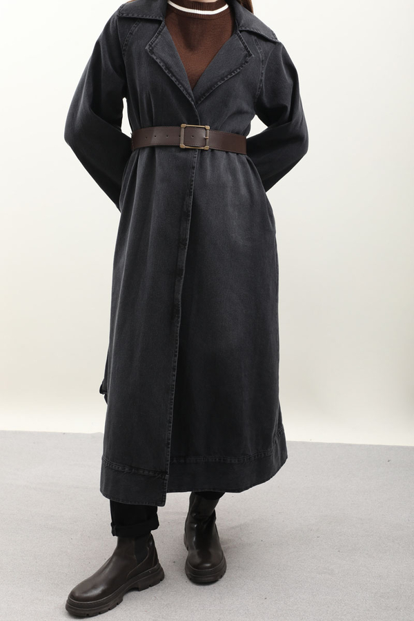 Deri Kemerli Denim Trençkot Siyah - 1