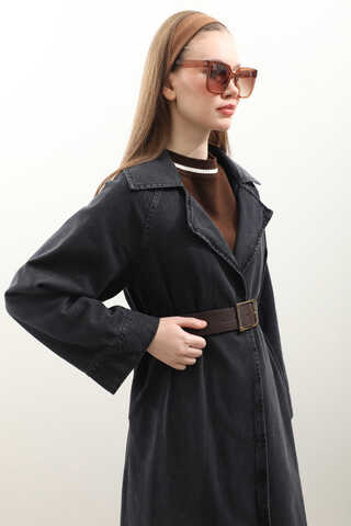 Deri Kemerli Denim Trençkot Siyah - 5