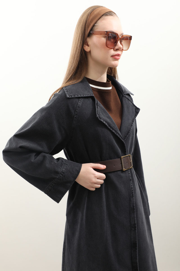 Deri Kemerli Denim Trençkot Siyah - 5