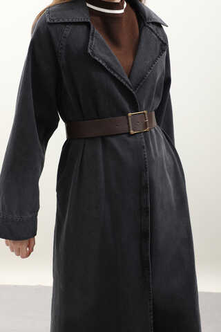 Deri Kemerli Denim Trençkot Siyah - 6