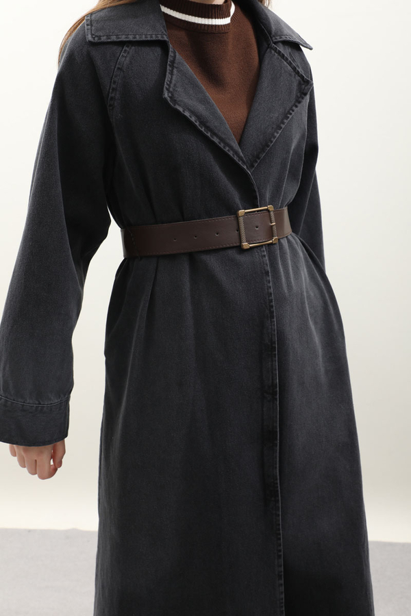 Deri Kemerli Denim Trençkot Siyah - 6