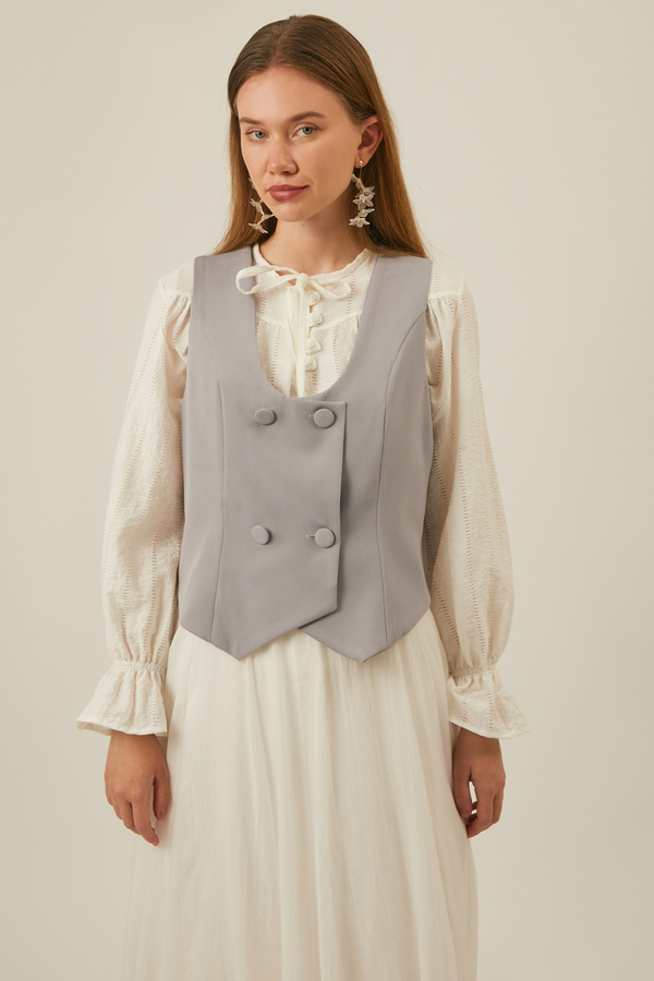 Derin Yaka Yelek Gri - 1