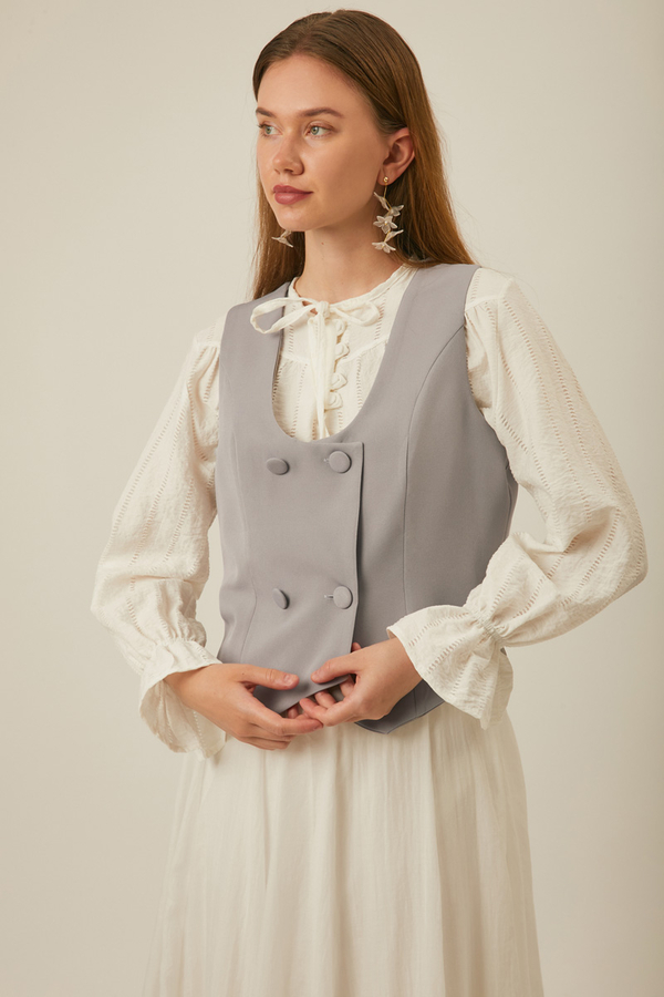 Derin Yaka Yelek Gri - 6