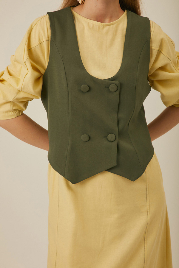 Derin Yaka Yelek Haki - 3