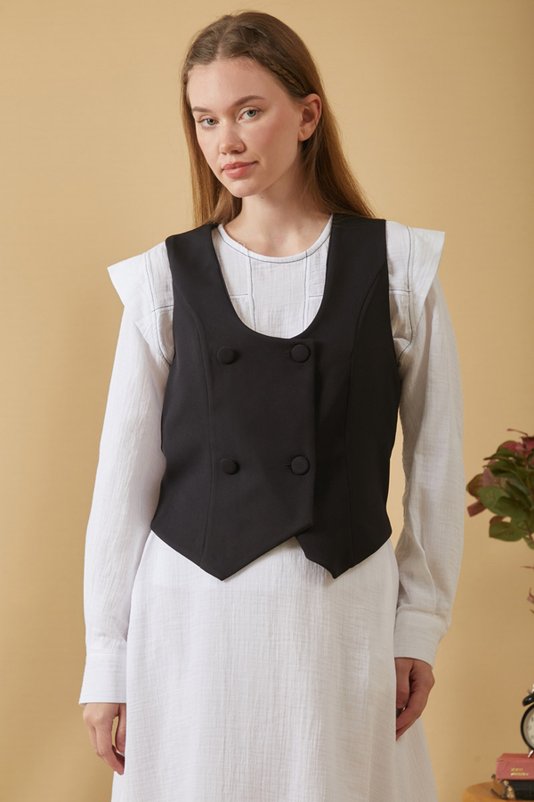 Derin Yaka Yelek Siyah 