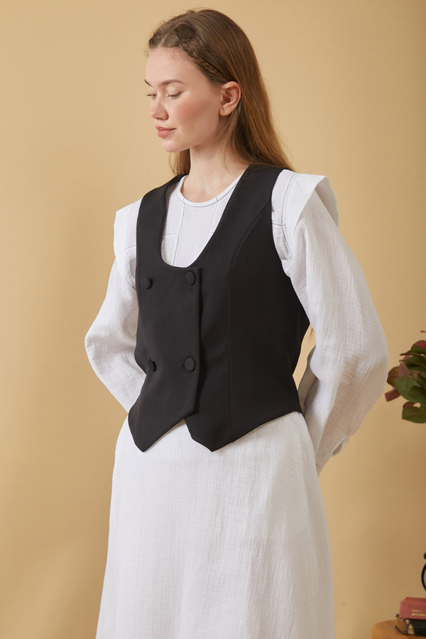 Derin Yaka Yelek Siyah - 2