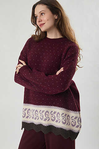 Desen Geçişli Triko Kazak Bordo - 3