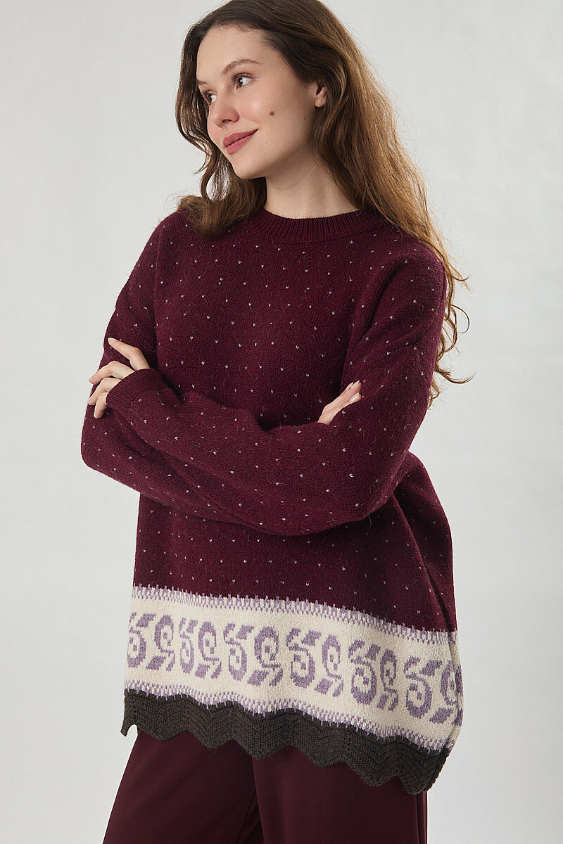 Desen Geçişli Triko Kazak Bordo - 3