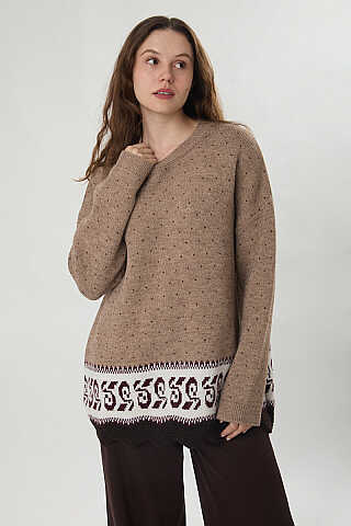 Desen Geçişli Triko Kazak Camel - 1