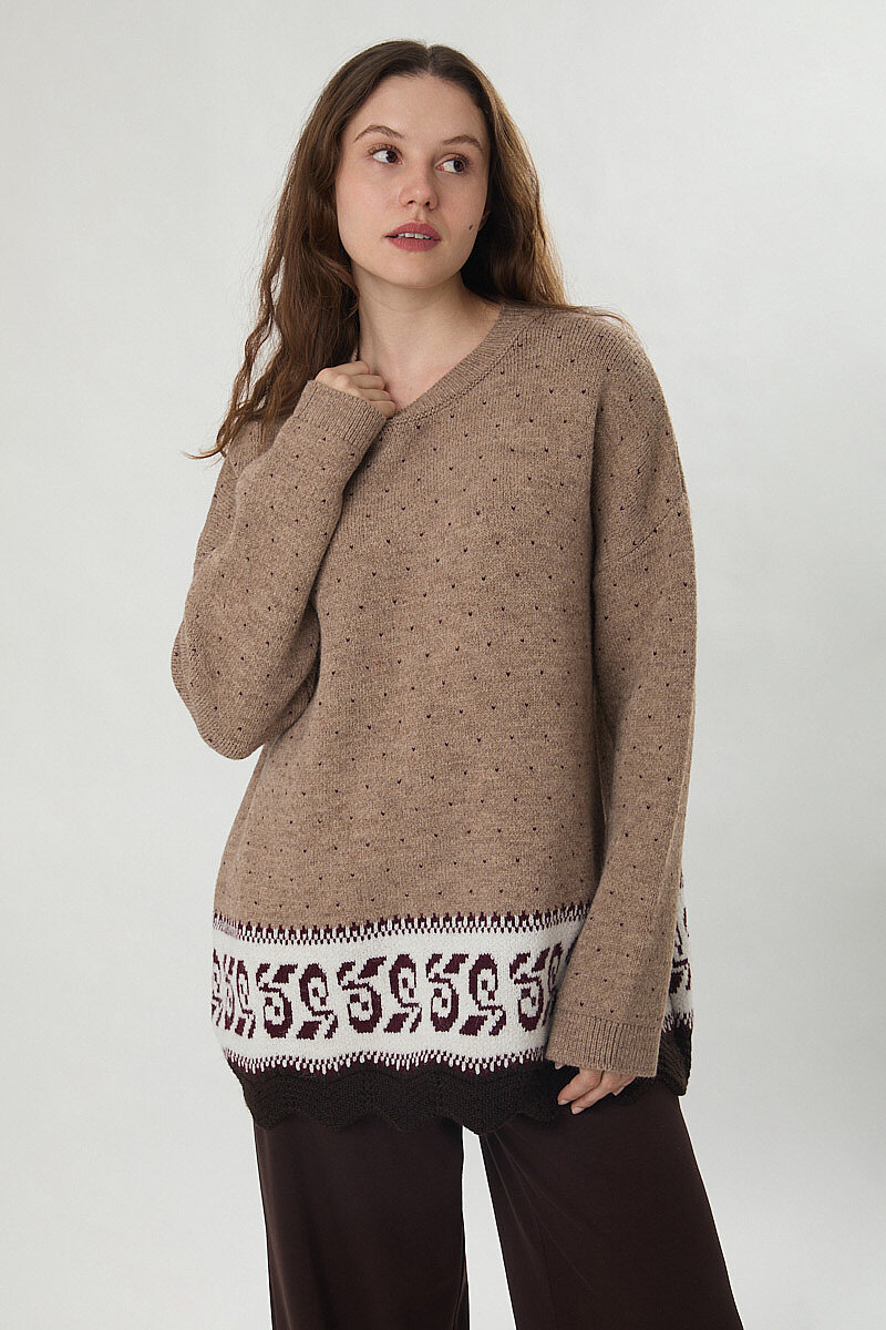 Desen Geçişli Triko Kazak Camel
