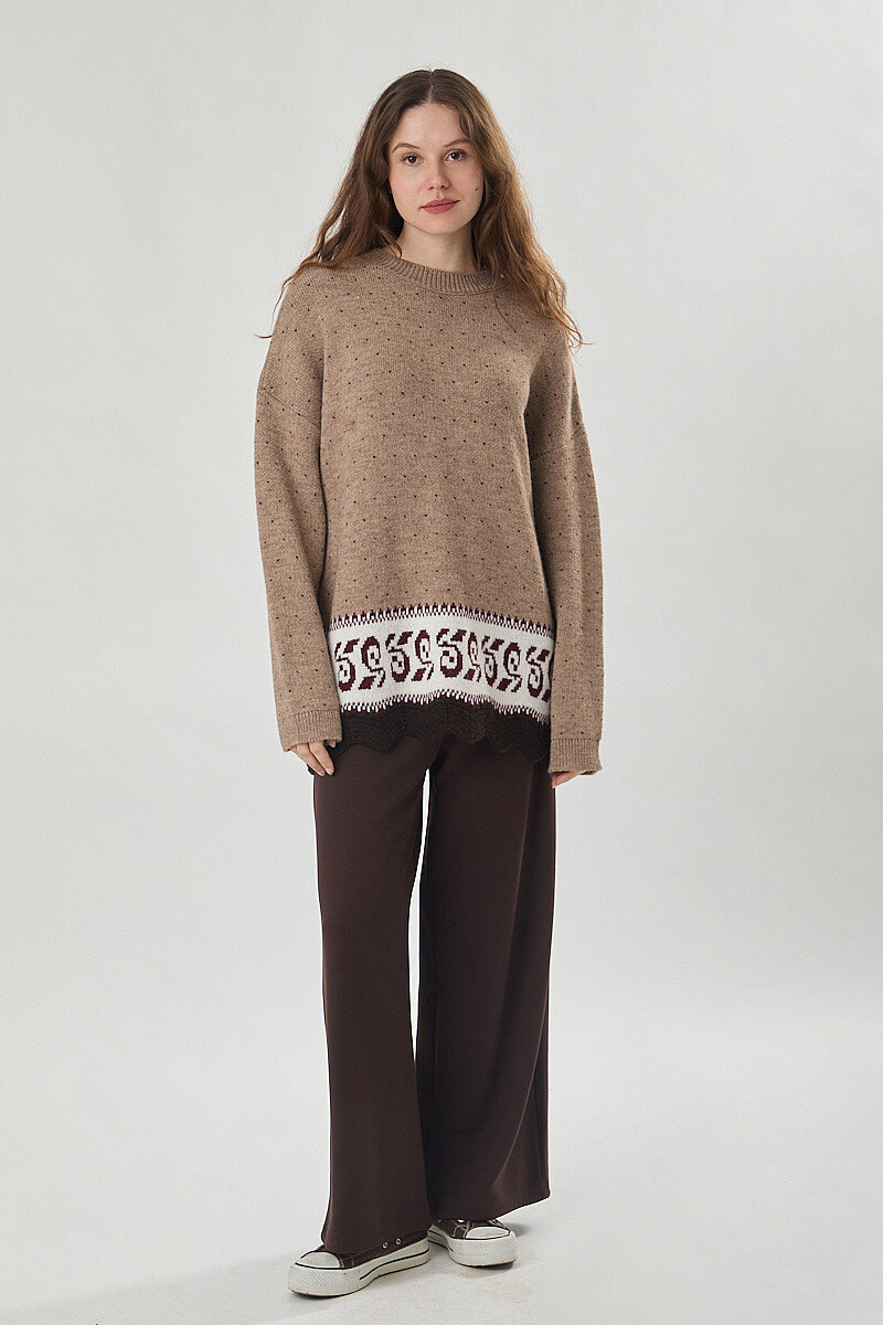 Desen Geçişli Triko Kazak Camel