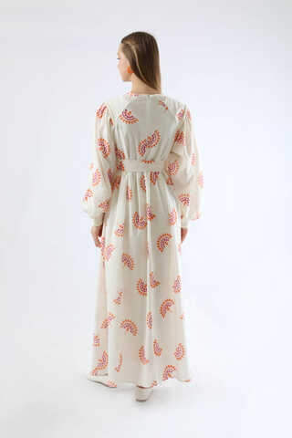 Deseni Nakışlı Elbise Oranj - 5