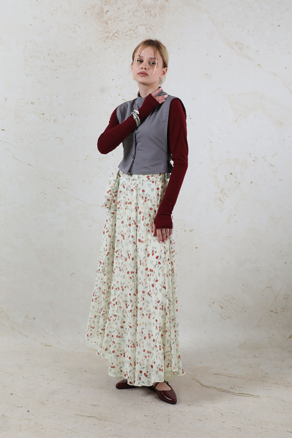 Desenli Asimetrik Etek Bordo - 5