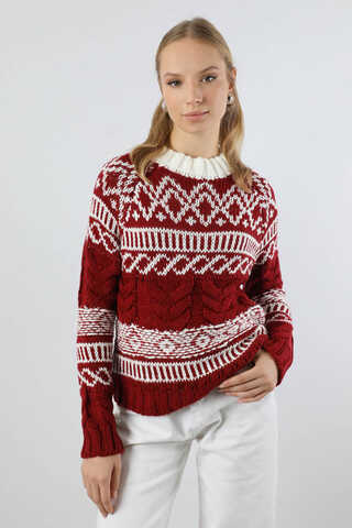 Desenli Kısa Kazak Bordo - 1