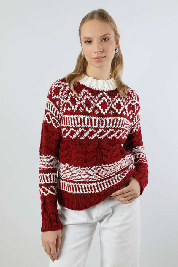 Desenli Kısa Kazak Bordo - 1